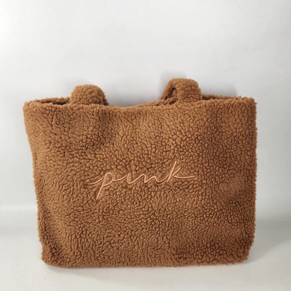 Victoria's Secret PINK Plush Sherpa Tote Gym Bag Brown Fleece Casual Travel - Picture 1 of 10